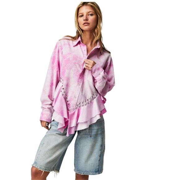 Free People Tricia Fix Pink Heart Washed Top Tie Dye Studded M - Picture 7 of 8